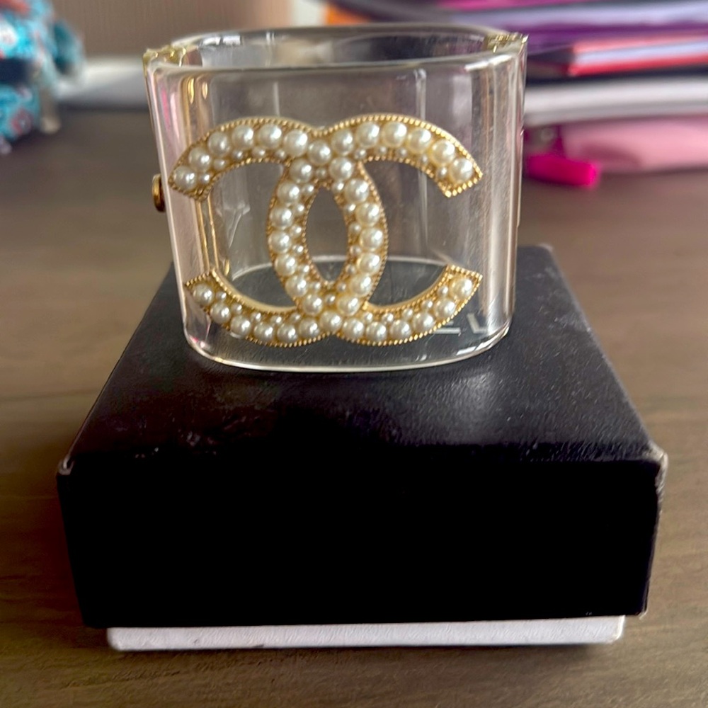 Chanel Lucite Pearl CC Cuff Bracelet